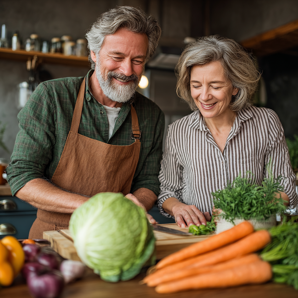Happy middle-aged couple in their 45s cooking together with fresh organic vegetables and herbs in bright kitchen