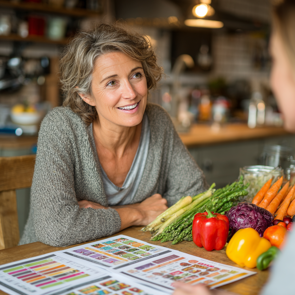 Professional nutritionist in her 40s consulting with a client, showing healthy meal plans and nutrition charts on a table