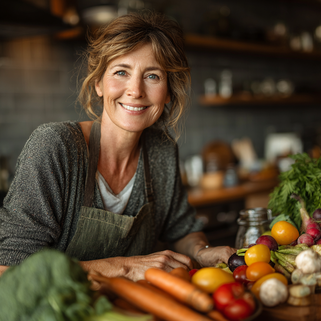 Smiling middle-aged woman in her 50s preparing fresh vegetables in a modern kitchen, representing healthy meal planning and nutrition